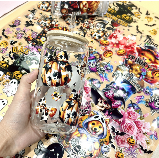 Wholesale Halloween 16oz Cup UV DTF Stickers Random 10pcs/20pcs Wraps for DIY Craft Halloween Festival Wraps